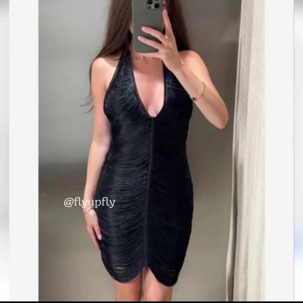 Zara Fringed Halter Black Mini Dress_3